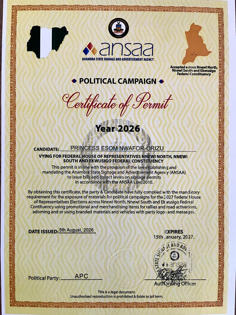 ANSAA 2026 political campaign certificate of permit for Princess Esom Nwafor-Orizu